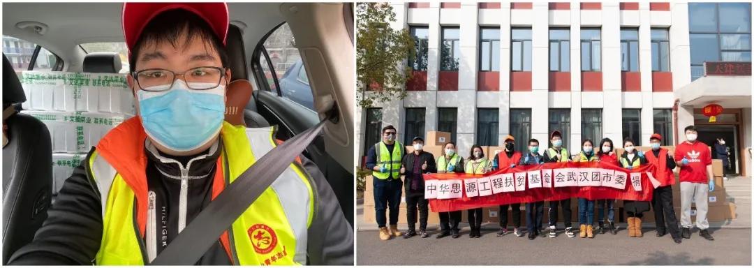 左图：10辆轿车后座和后备箱堆满了菜，出发送给社区；右图：各位志愿者协助接收消毒防护物资